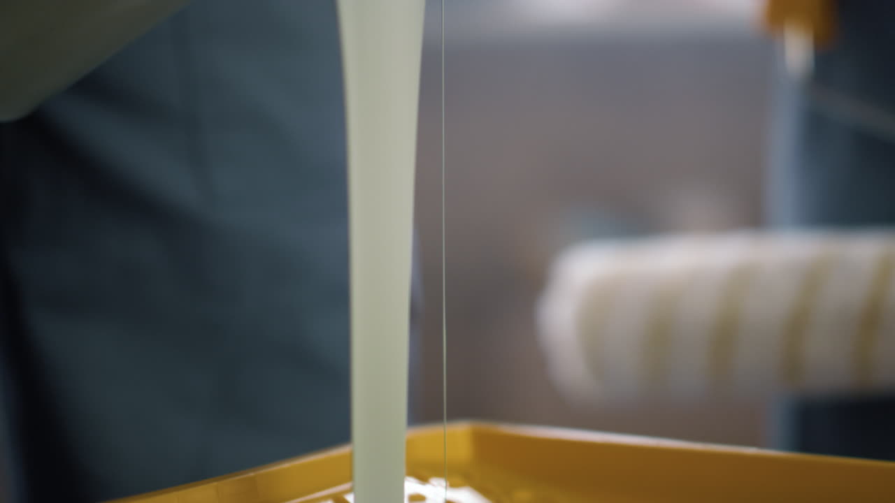 неизвестный заполняет желтый контейнер белой краской в новой квартире.