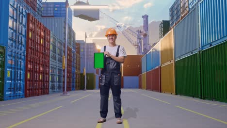 cuerpo lleno de hombre asiático trabajador con gafas de protección y casco de seguridad sonriendo y mostrando la tableta de pantalla verde a la cámara mientras estaba de pie en el depósito de contenedores