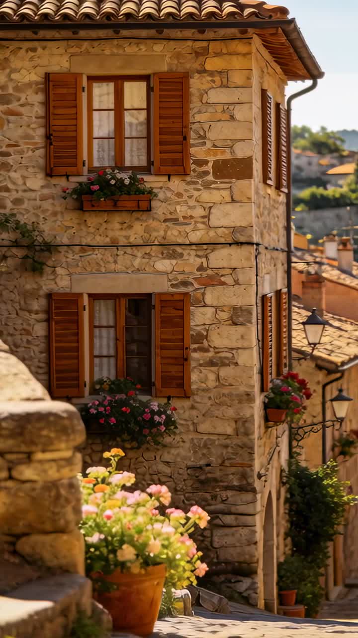 Video verticale: Telecamera che panoramica mostrando una casa in pietra con persiane in legno su una strada soleggiata per rivelare i tetti.