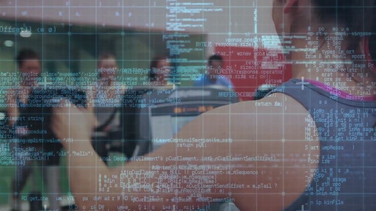 Animation of data processing with people exercising over grid