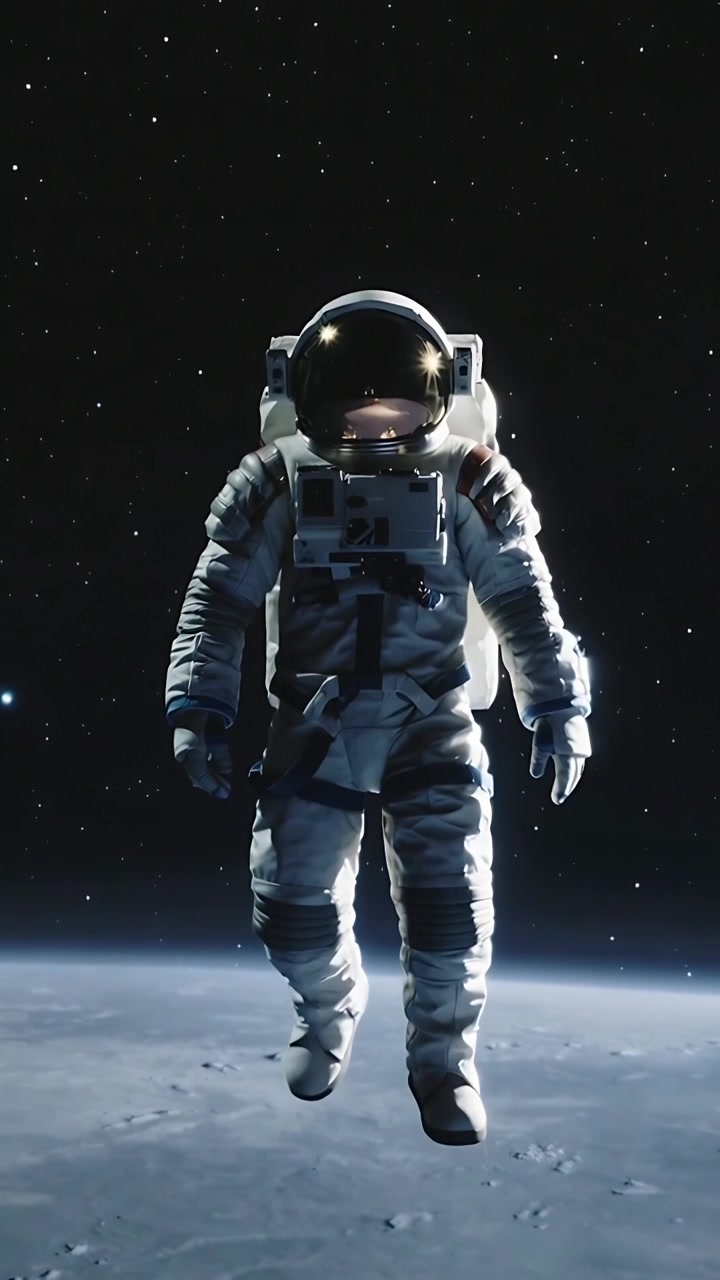 Video vertical: Astronauta flotando con traje EVA blanco a la deriva hacia un horizonte craterizado con visera.