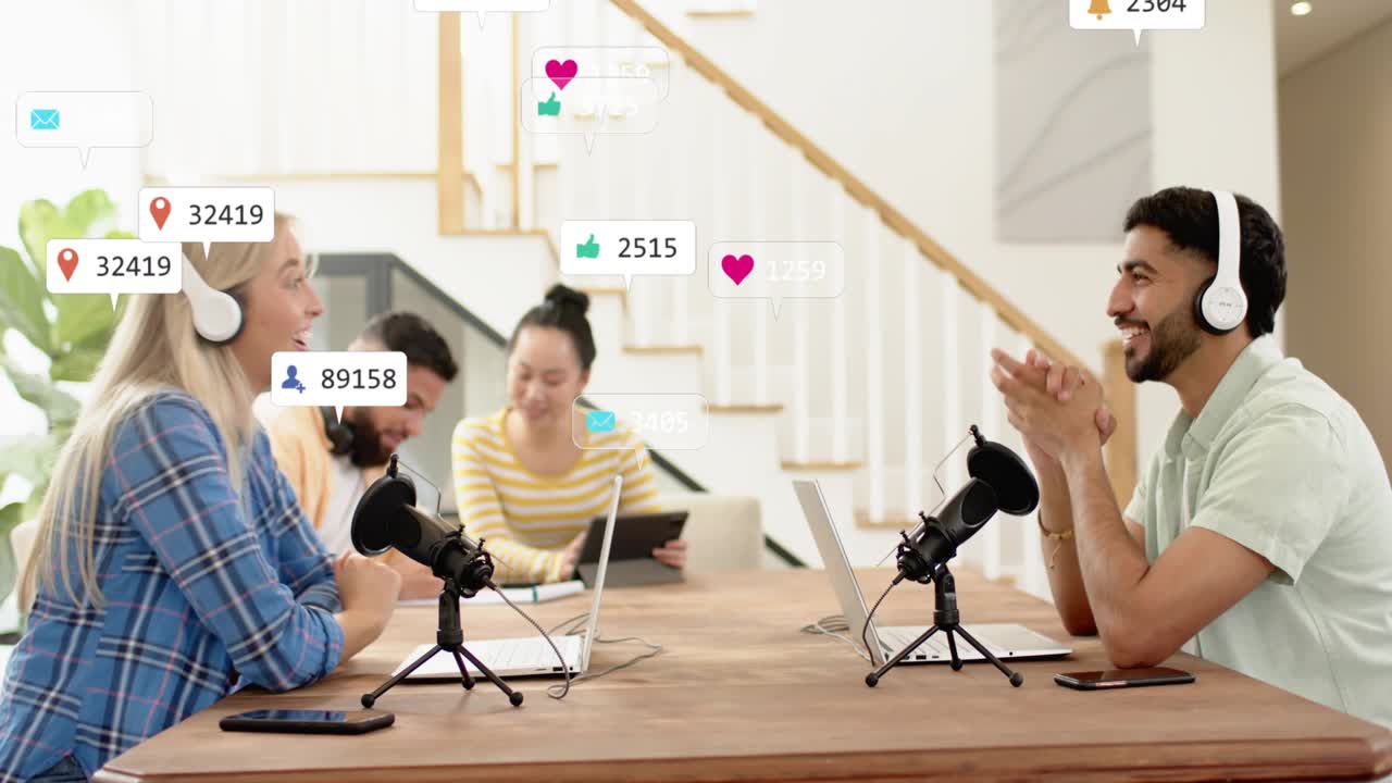 Cohosts leaning into mic and reacting while tablet input sending floating likes for podcast