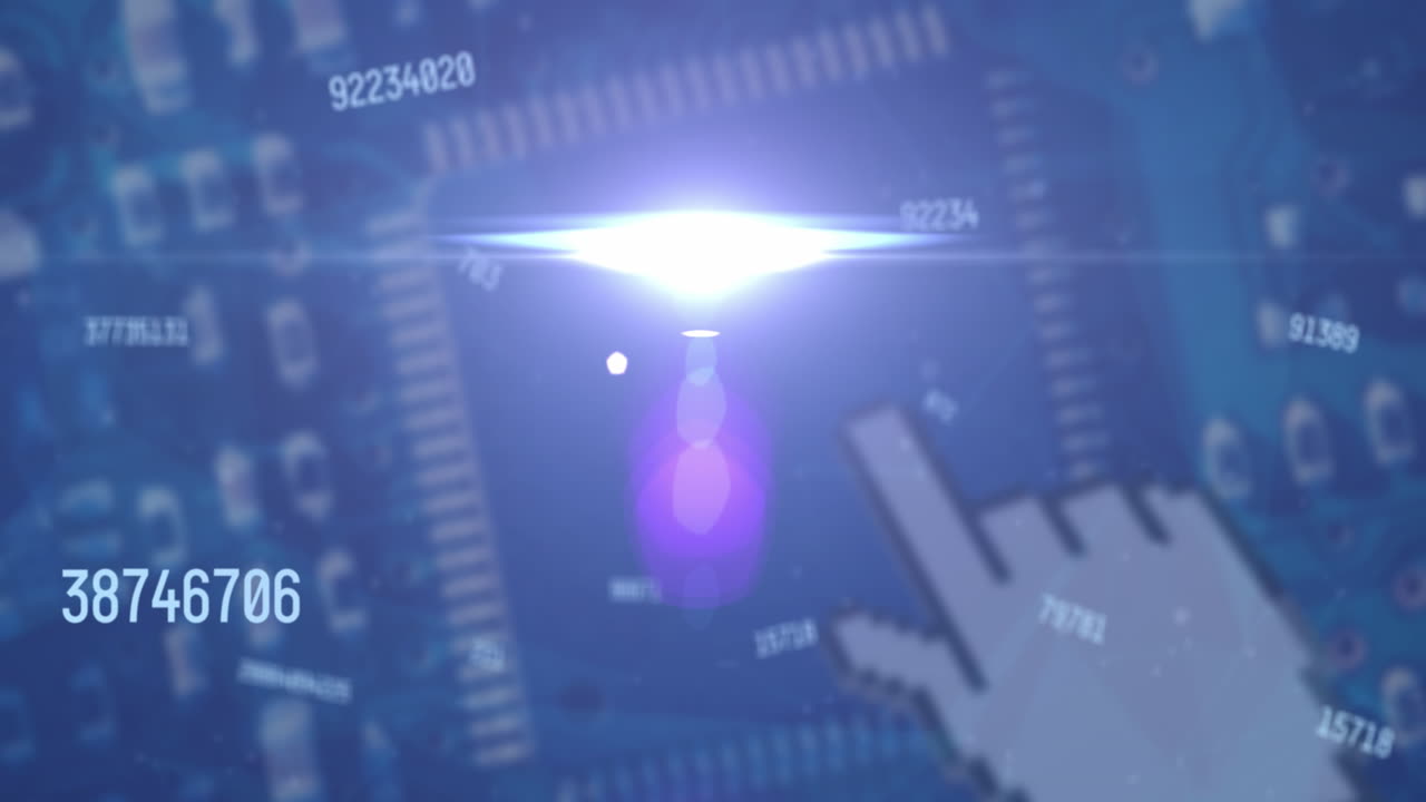 데이터 처리 및 컴퓨팅 보드 위의 빛 점의 애니메이션