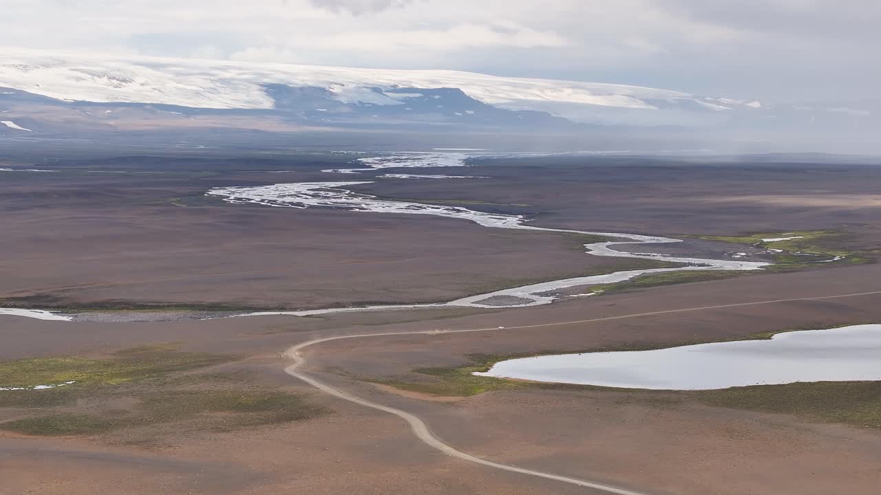 Aerial view of Kjalvegur road in Iceland with Hofsjokull glacier in distance. Panorama view. Peaceful landscape shot