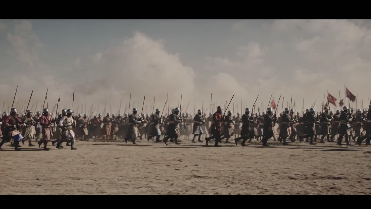Epic battle scene with soldiers charging, filmed from a low-angle wide shot, creating a dramatic