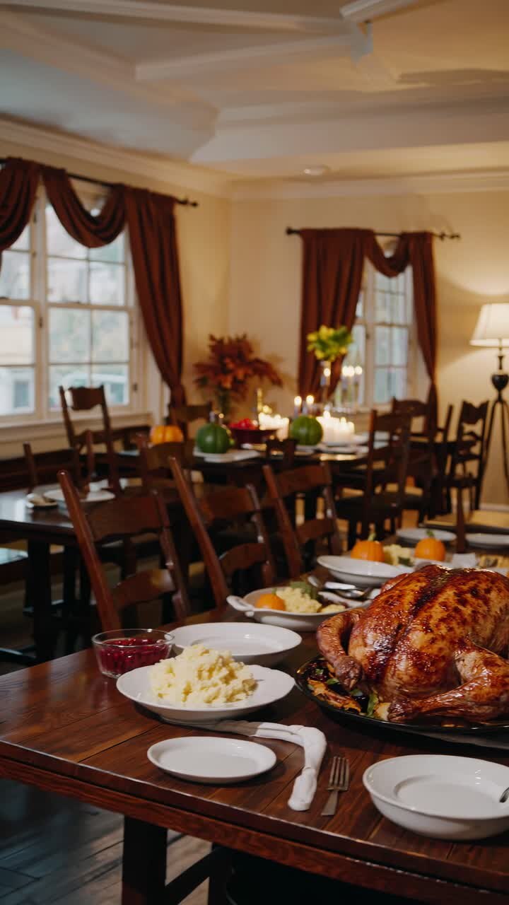 Warm, inviting dining room scene with a roasted turkey centerpiece, shot from a low angle, perfect