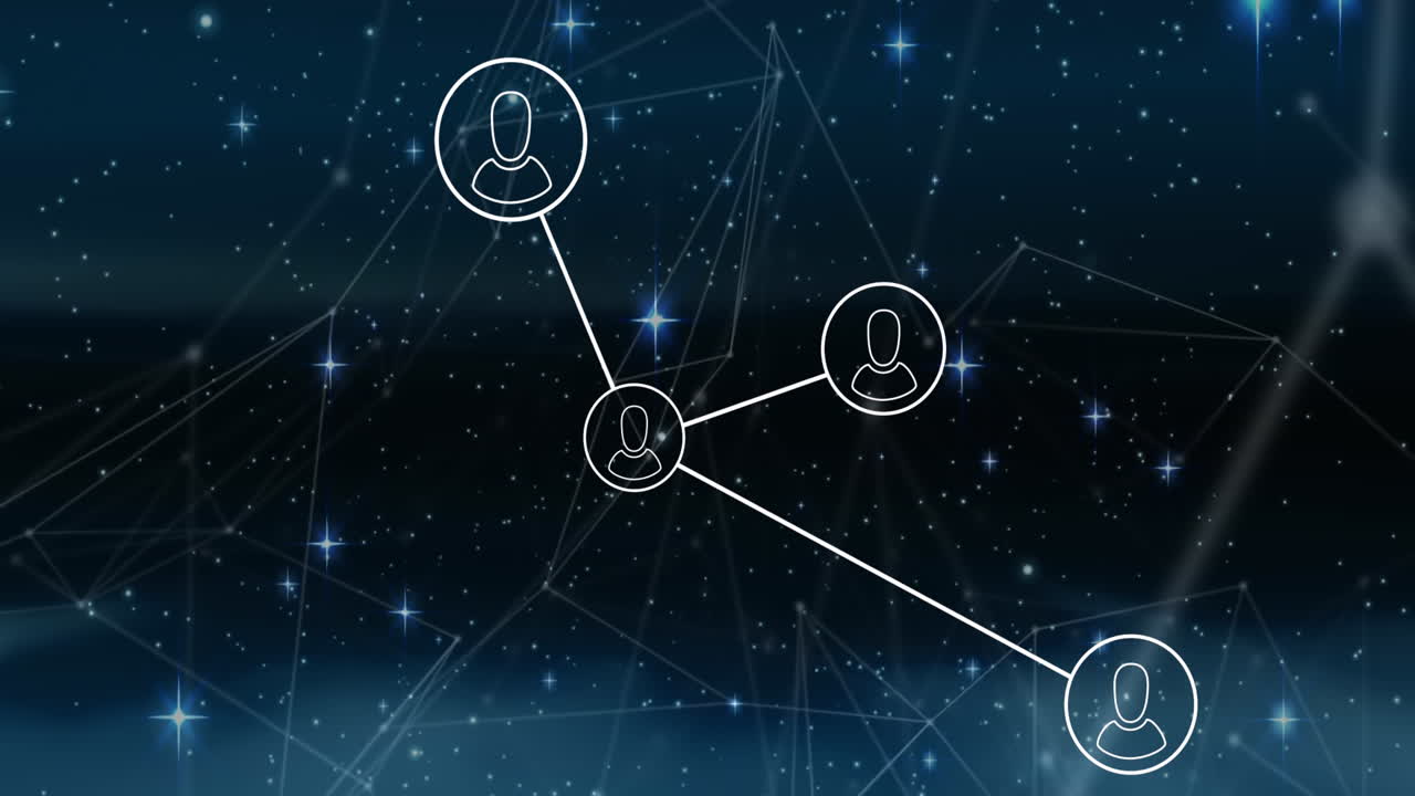 animación de la red de conexiones y iconos de perfil contra estrellas brillantes en fondo negro