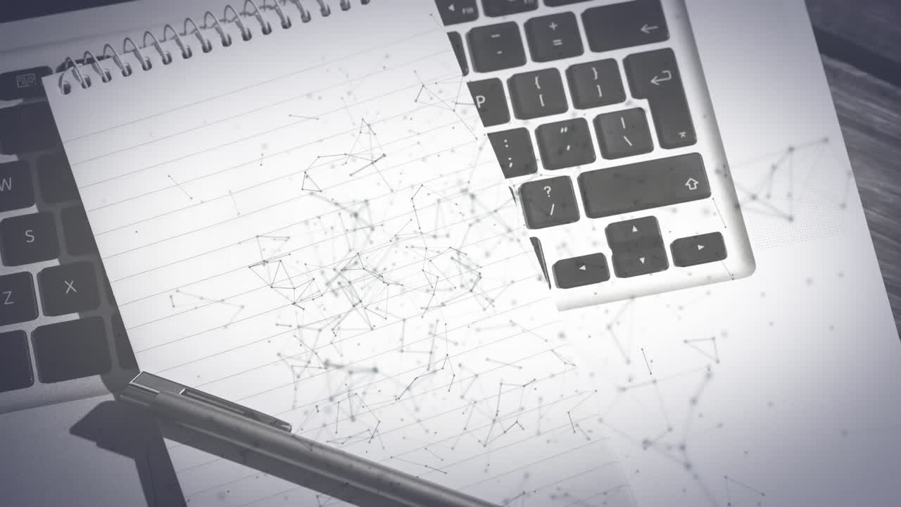 노트북, 노트북 및 책상에 있는 펜을 통한 연결 네트워크의 애니메이션