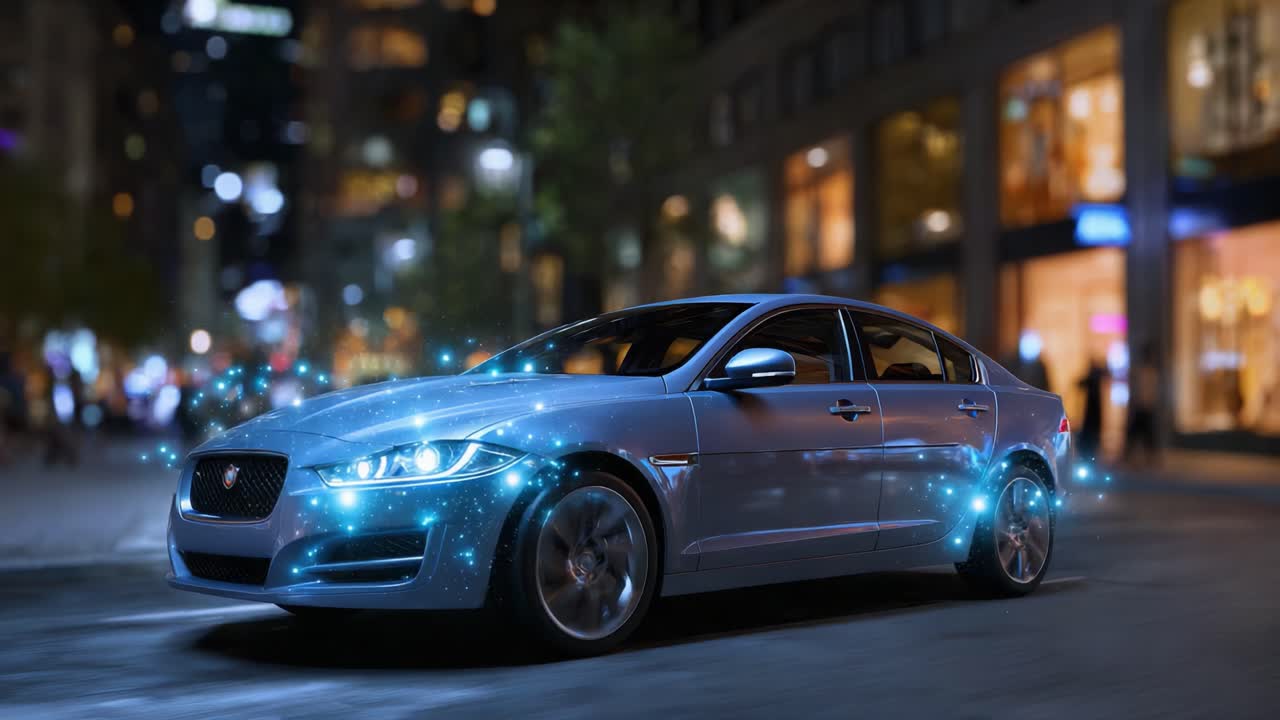 Una rappresentazione futuristica di un'auto elegante illuminata da luci blu vivaci, che mette in mostra tecnologia e design innovativi su uno sfondo notturno urbano