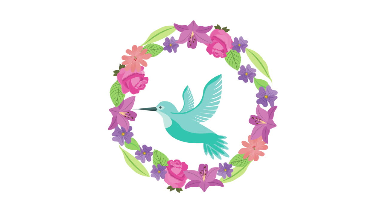 hermoso pájaro volando con flores animación