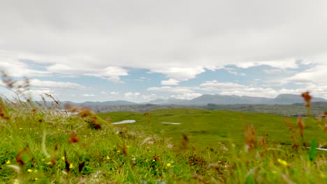 timelapse of fast moving clouds looking out over the mountains from handa island in scotland, with grass and summer vegetation blowing in the strong winds from the summit of the island.