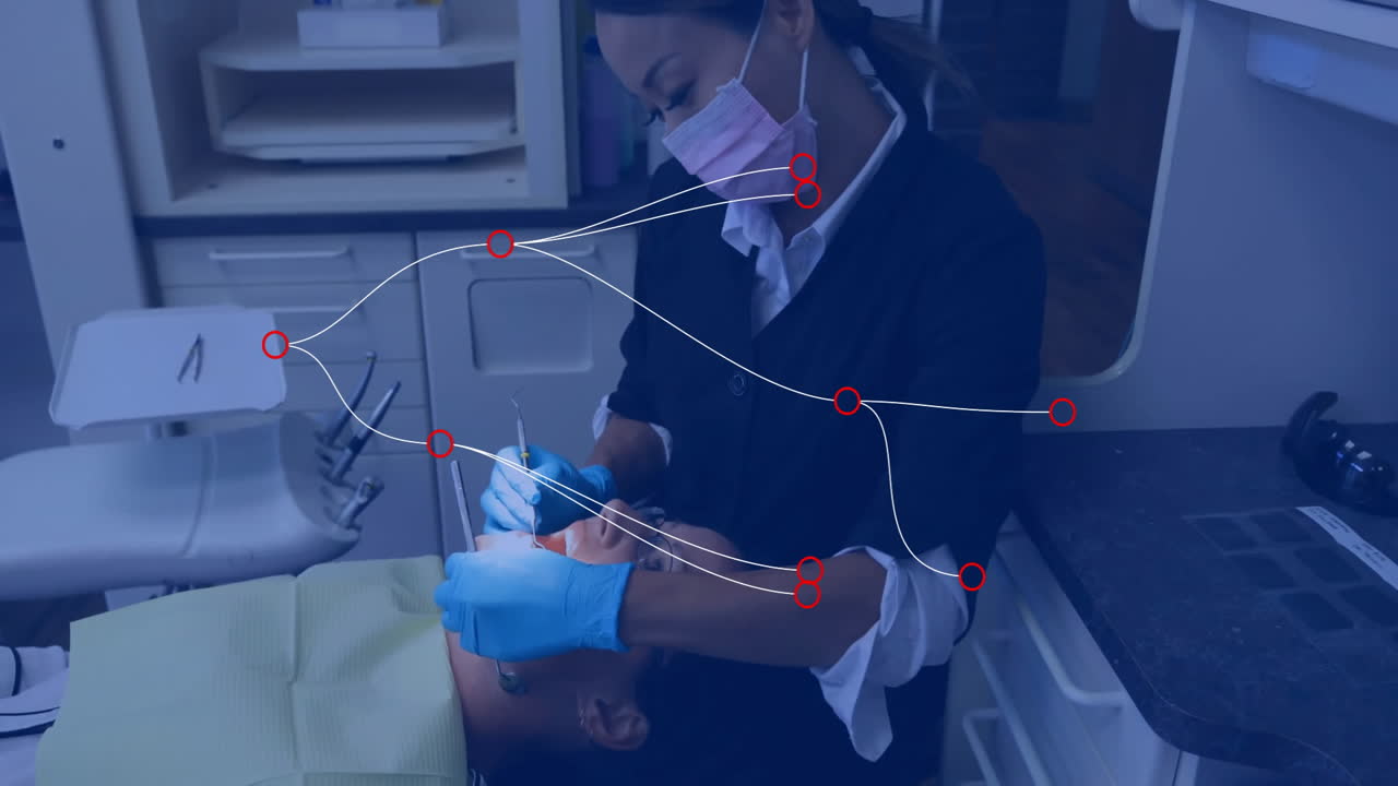 Animation of asian female dentist examining her patient over network of connections