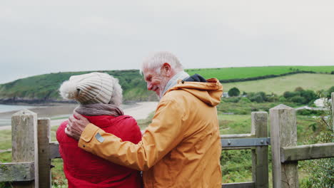 vista trasera de una pareja de ancianos activos mirando por encima de la puerta mientras caminan a lo largo del camino costero en otoño