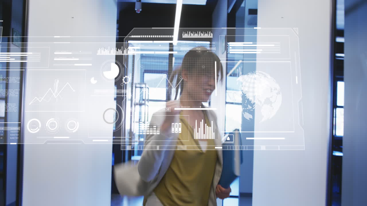 Animation of graphs, globes, loading circles, asian woman walking and jumping in excitement