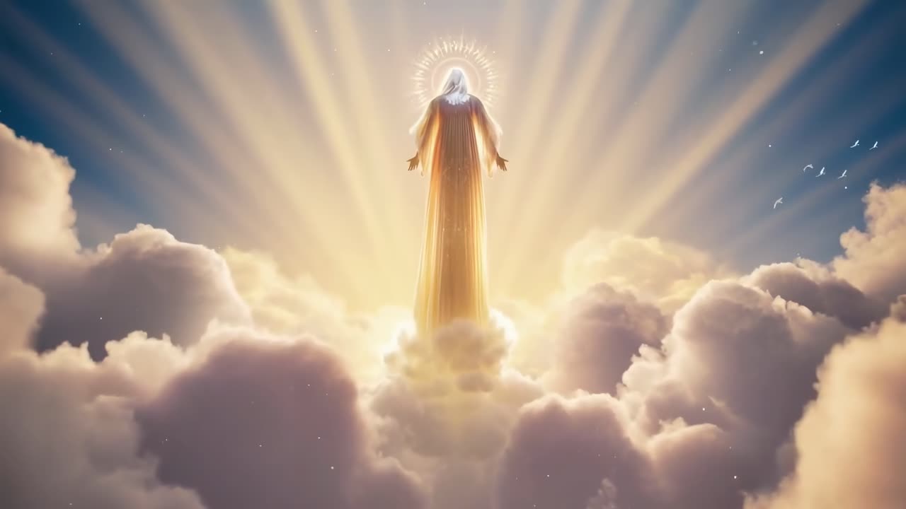 Figura celestiale in luce radiosa, vista dal basso. Video in stile cinematografico con nuvole eteree