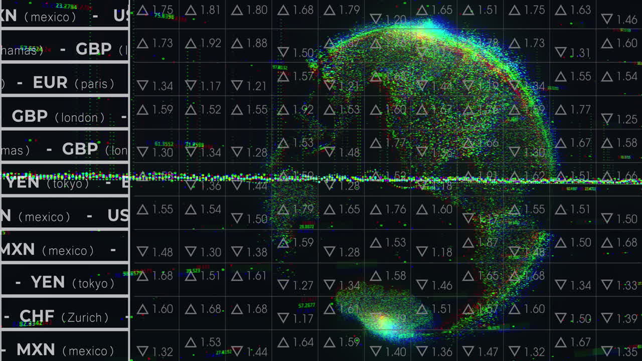 animación del procesamiento de datos financieros sobre globo y fondo oscuro