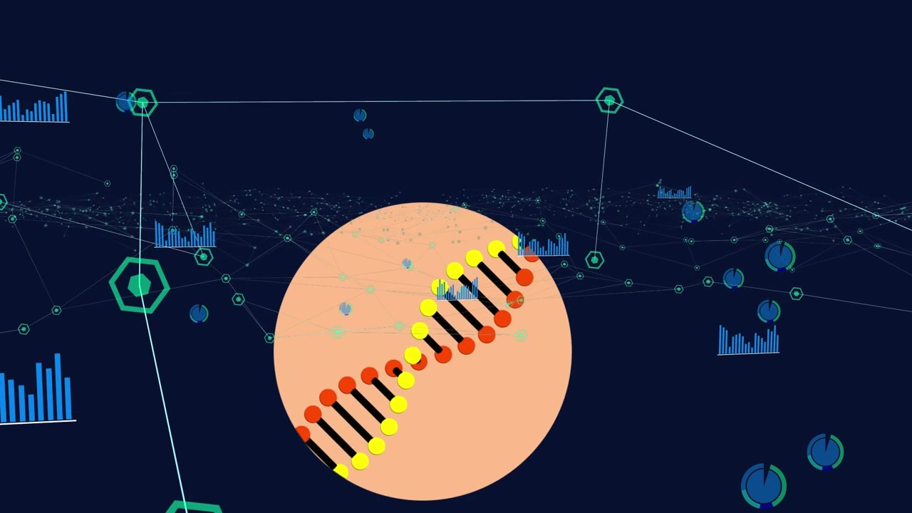 Animation of dna and network of connections on navy background
