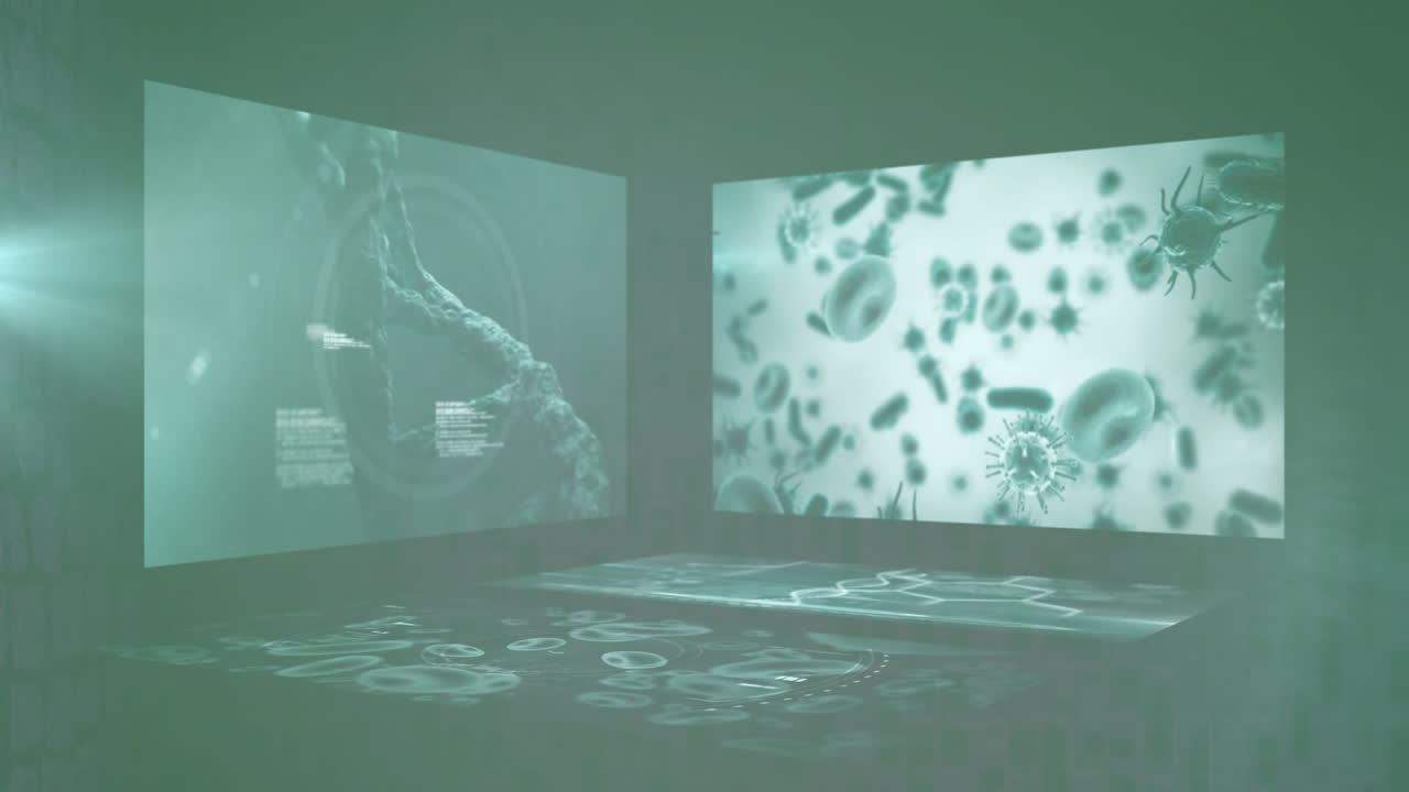 어두운 배경의 화면에서 과학 데이터 처리의 애니메이션