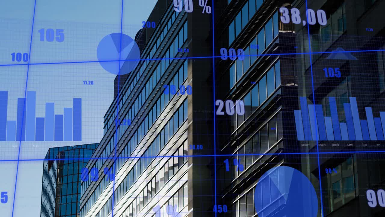 Animation af statistisk databehandling over høj bygning mod blå himmel.