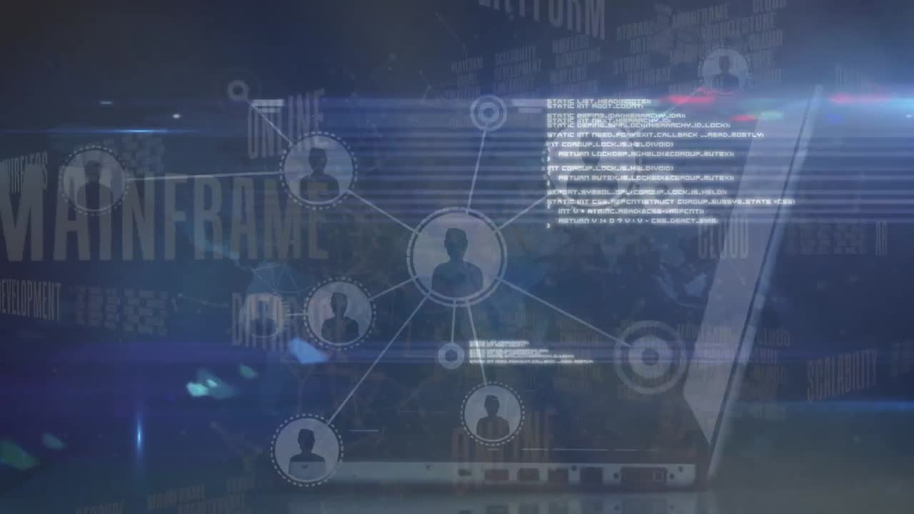 Animation of person using laptop over network of people icons and data processing