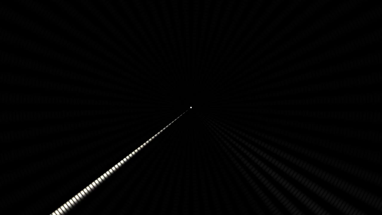 A bright light source moves steadily through a dark tunnel, creating a trail of light. The darkness surrounds the scene, filling it with a sense of depth and mystery