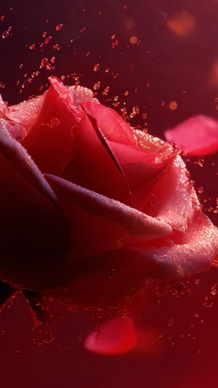 Uno splendido primo piano di una delicata rosa rossa adornata da goccioline d'acqua, che mostra i suoi petali squisiti e i colori vivaci su uno sfondo romantico sfocato.