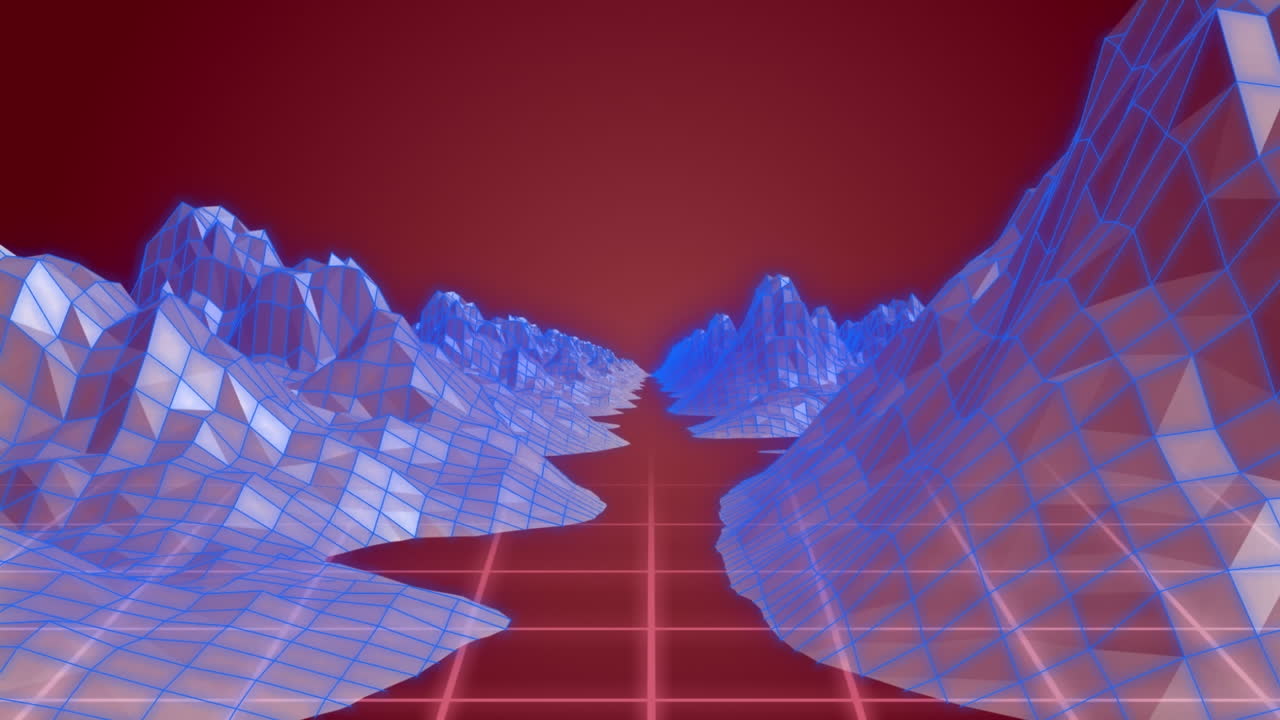 animación de manchas rojas sobre líneas de neón y montañas ligitales sobre fondo rojo