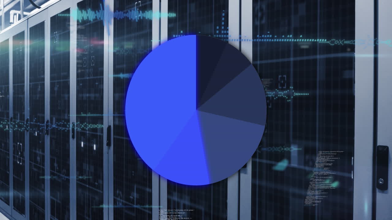animación del gráfico de pastel y procesamiento de datos contra la sala de servidores de computadora