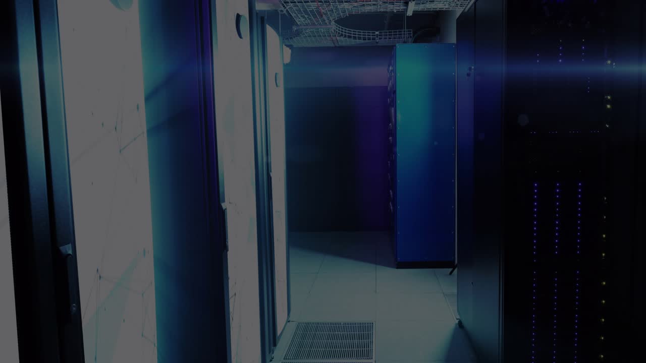 Server corridor showing HUD activating progress filling labels cycling displaying data HUD fading