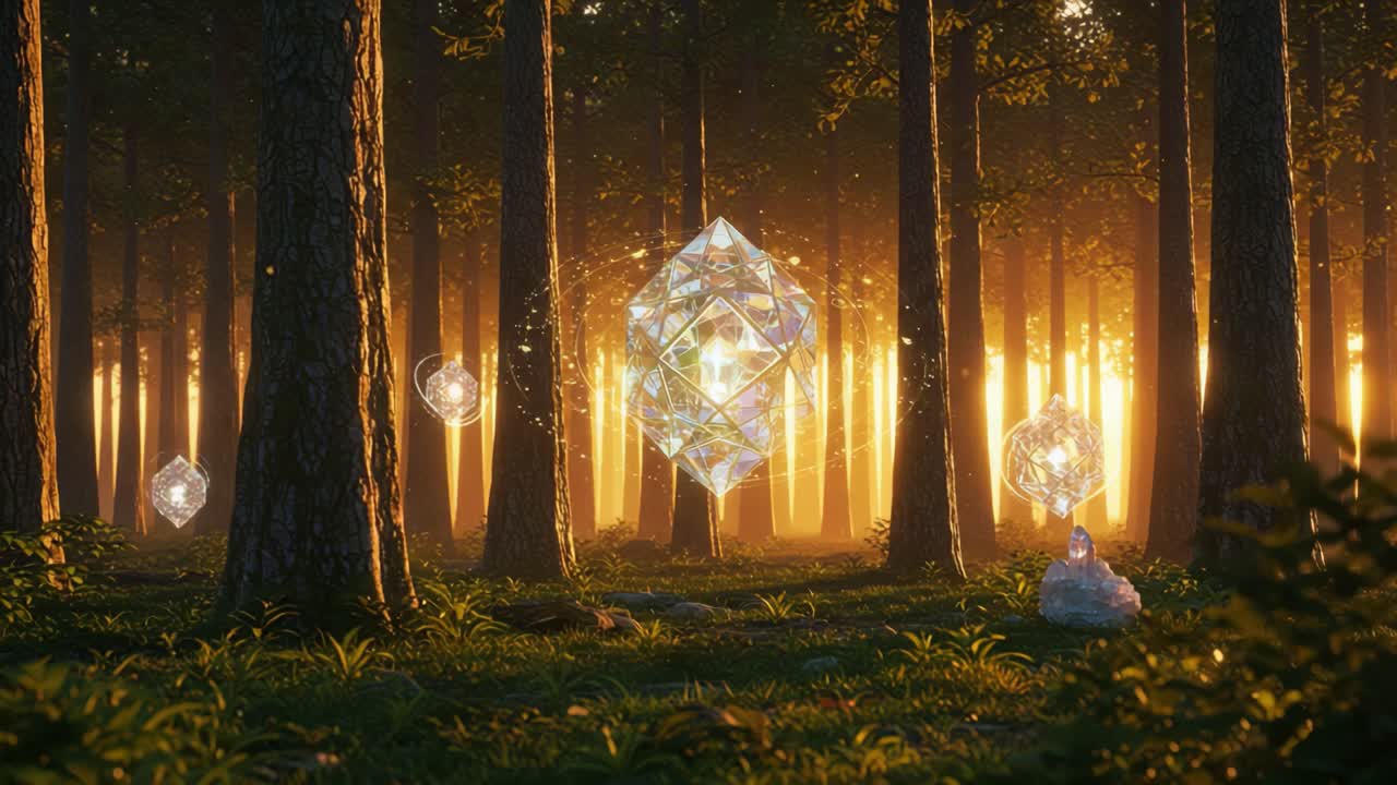 A Magical Forest Scene with Enchanting Crystals Glowing Amidst Towering Trees at Dusk, Illuminating the Serene Atmosphere of Nature's Beauty
