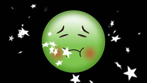 Animation-of-sick-emoji-icon-over-falling-stars