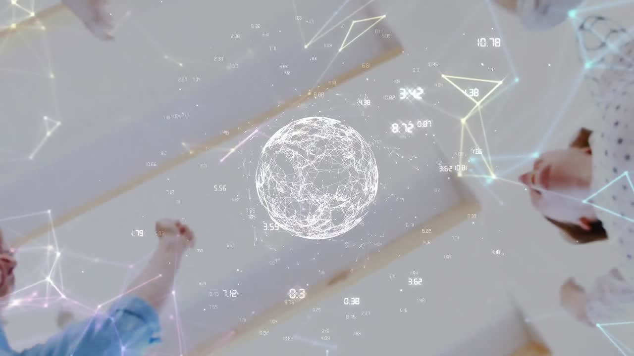 анимация глобуса и обработка данных над разнообразными деловыми людьми, объединяющимися