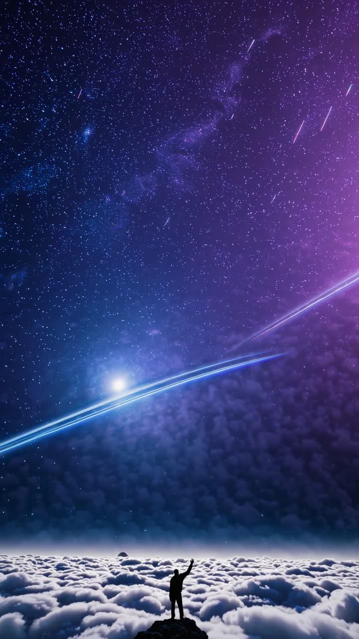 A person stands on a cloud, gazing at a starry sky and galaxy. The low-angle shot creates a surreal