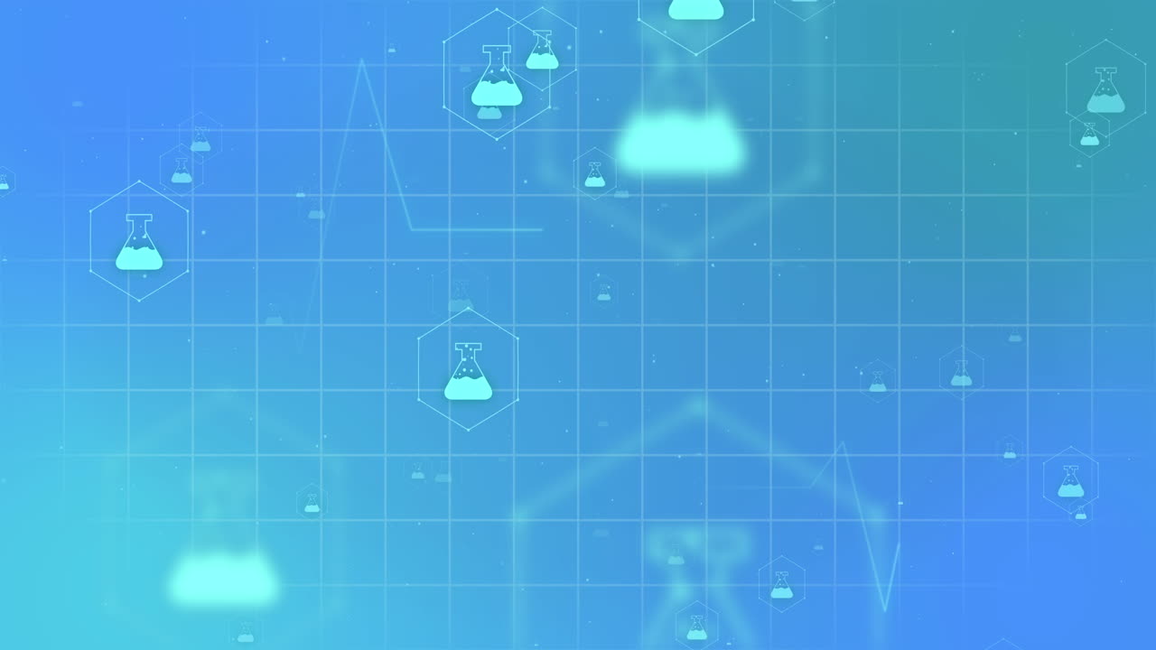 의료 아이콘의 애니메이션과 파란색 배경의 그리드 상의 데이터 처리