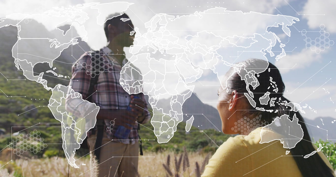 hikers exchanging smiles as world map fading in adding data nodes connecting global tech network