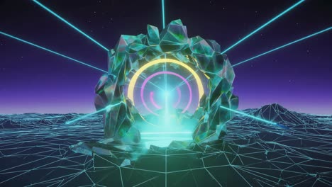 neon crystalline portal in a retro-futuristic grid landscape