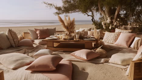 bohemian luxury picnic setup on a serene sandy beach