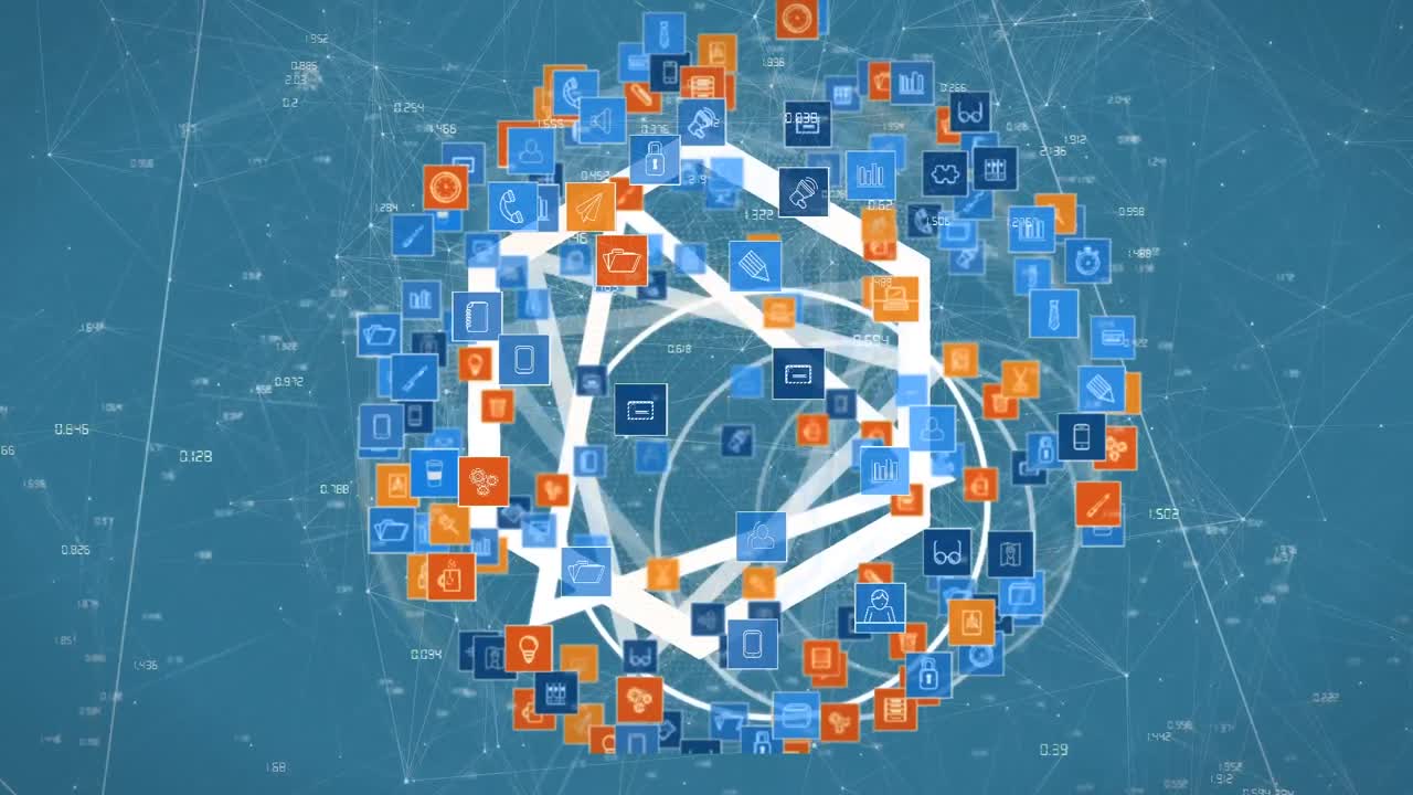 아이콘과 숫자를 가진 연결 네트워크의 애니메이션