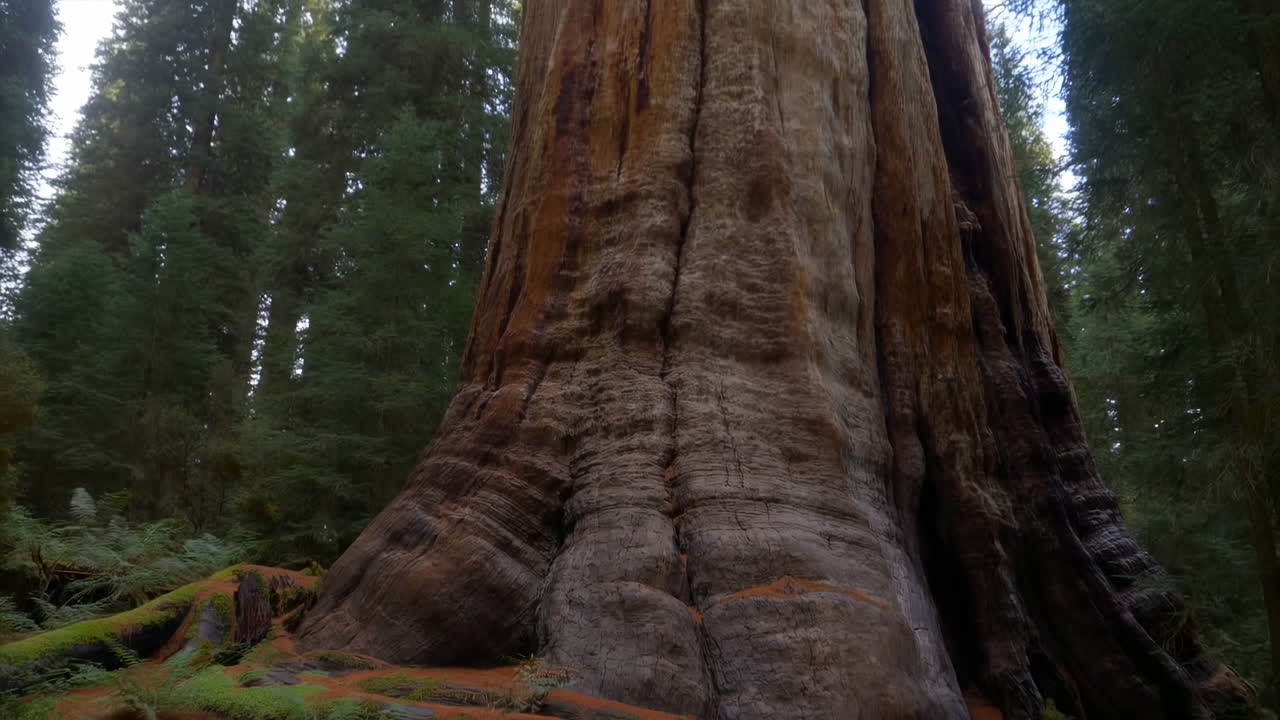 Panoramica verso l'alto di un massiccio tronco di sequoia in una foresta lussureggiante