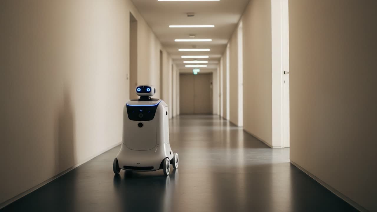 A robotic assistant navigates a modern corridor, showcasing its advanced design and technology while illuminating the path ahead with its friendly demeanor