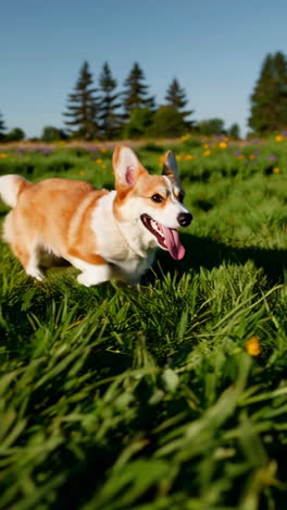 happy corgi running in a field