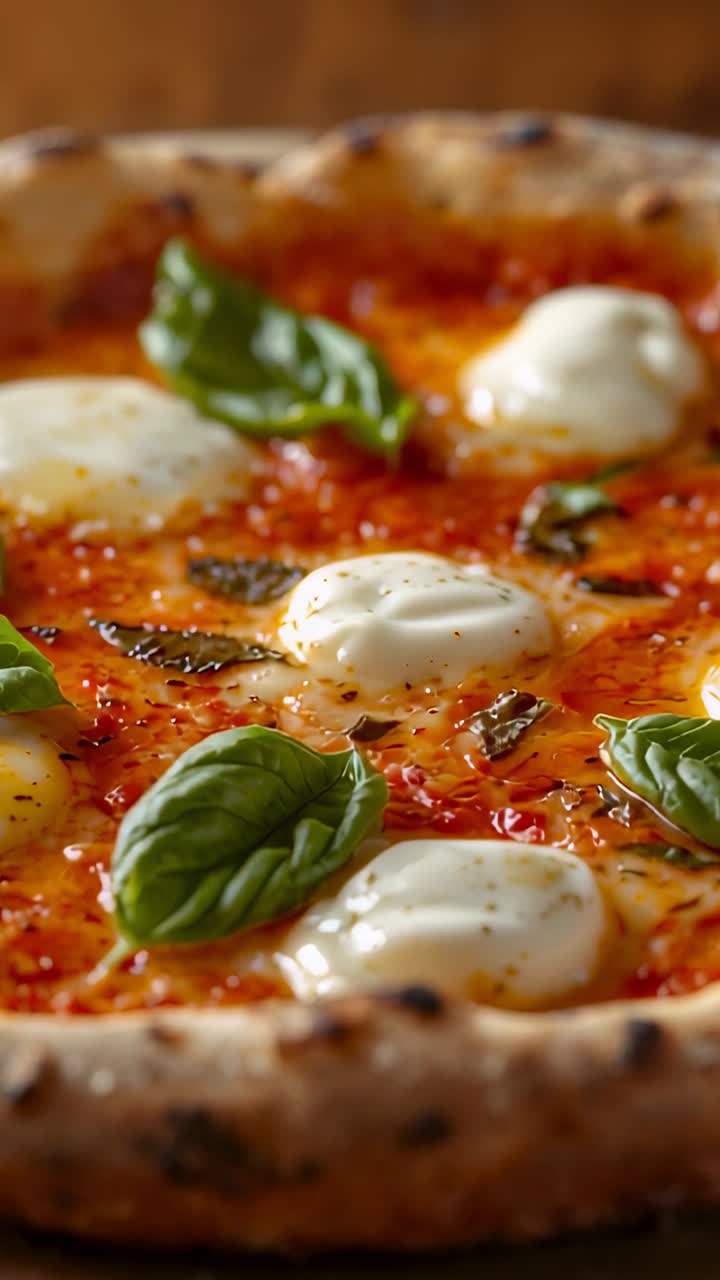 Video verticale: telecamera che riprende una pizza mentre l'obiettivo mette a fuoco ed esegue lo zoom, mostrando formaggio e basilico