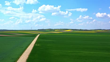 Malerische-Rapsfelder-Und-Windpark-Auf-Einem-Hintergrund-Von-Blauem-Himmel-Mit-Wolken