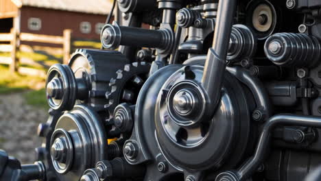 close-up of complex machinery with gears and pulleys