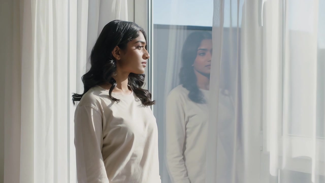 Turning woman in cream top leaning to window as sunlight shifting curtain reflection, looking out
