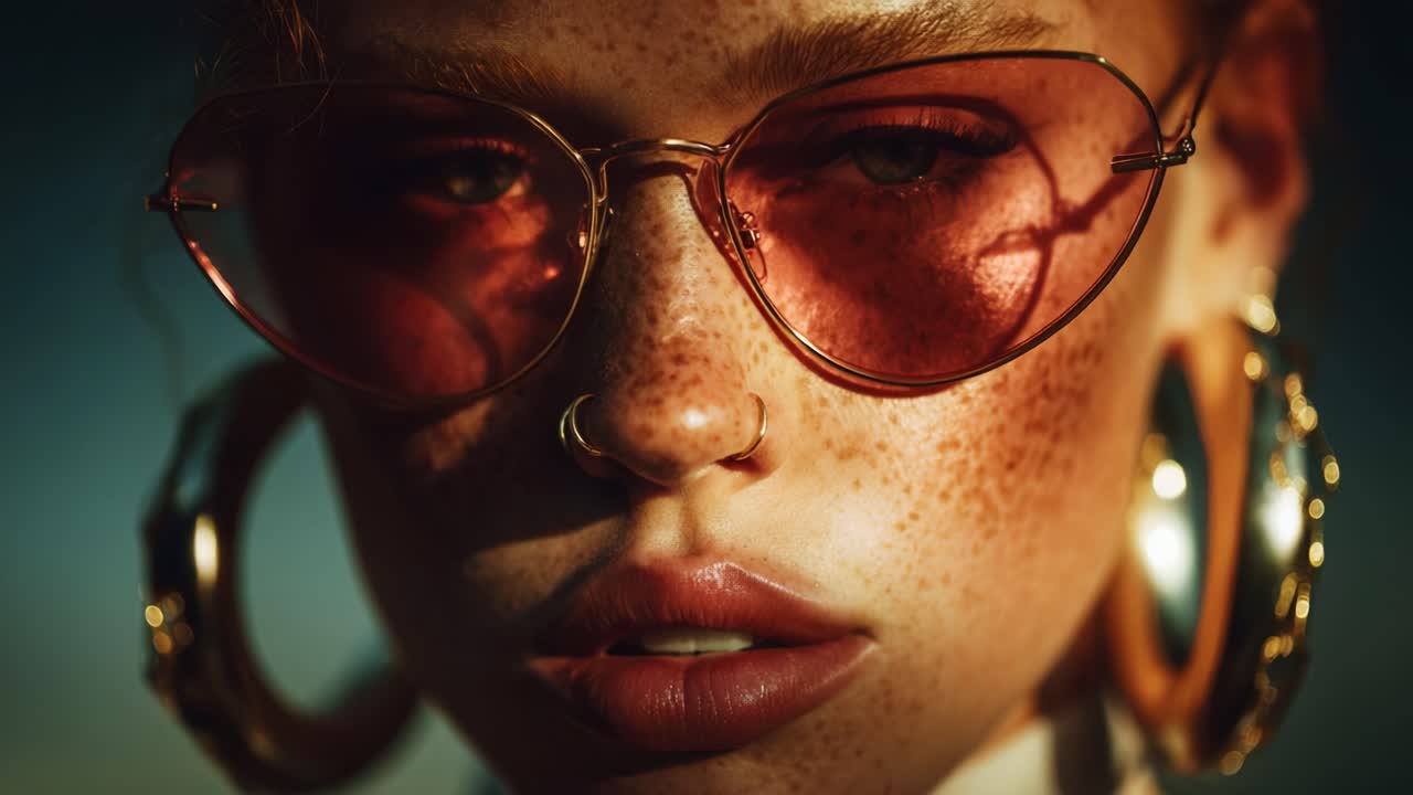 Captivating Close-Up of a Fashion Model with Freckles, Stylish Sunglasses, and Bold Accessories Showcasing Unique Beauty in a Rich Color Palette and Dramatic Lighting