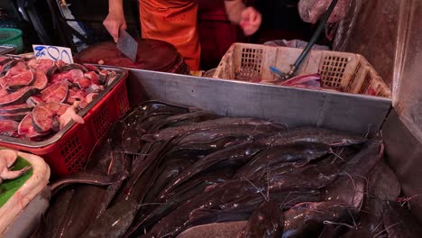 vendor arranging fish at a busy market stall