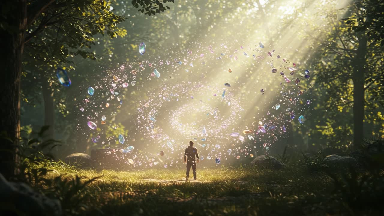 A lone figure stands amidst a mystical forest where vibrant crystals swirl in a mesmerizing spiral of light, creating an enchanting atmosphere filled with magic and wonder
