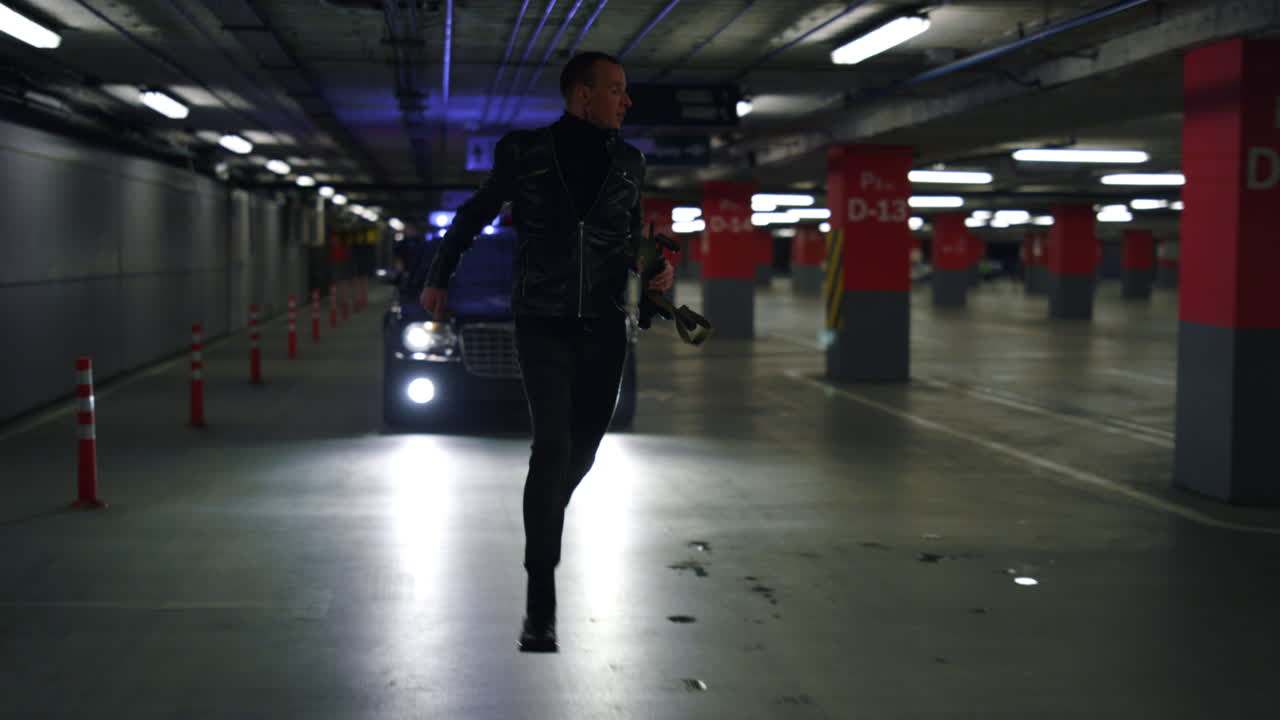 Terrorist running from police. Cops in patrol vehicle chasing criminal