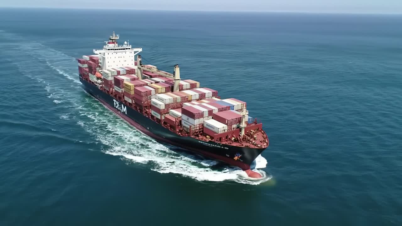 Container Ship Navigating Open Waters, Stacks of Cargo Containers on Deck, and Clear Blue Skies Displaying Maritime Transportation at Sea
